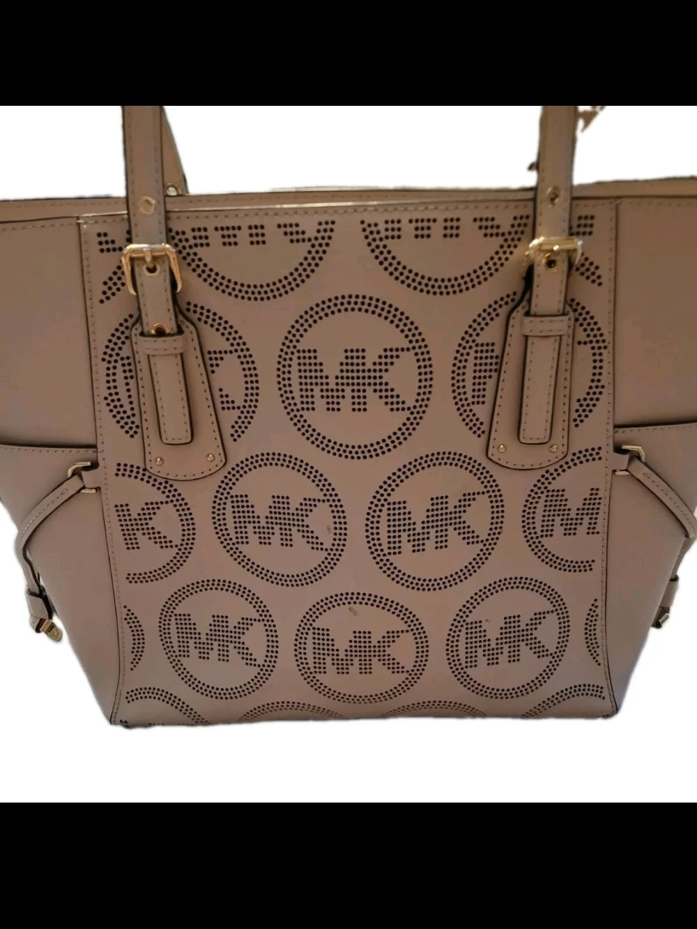 Michael Kors MK Logo Perforated Pink Blush Tote Shoulder Bag Gold Hardware
